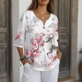 thumbnail image 3 of Xoenoiee Deer Cherry Blossom Cloud Print 3/4 Length Sleeve Womens Tops Fall Fashion Button Down Shirts Linen Clothing Business Casual Tops V Neck Shirt, 2XL, 3 of 7