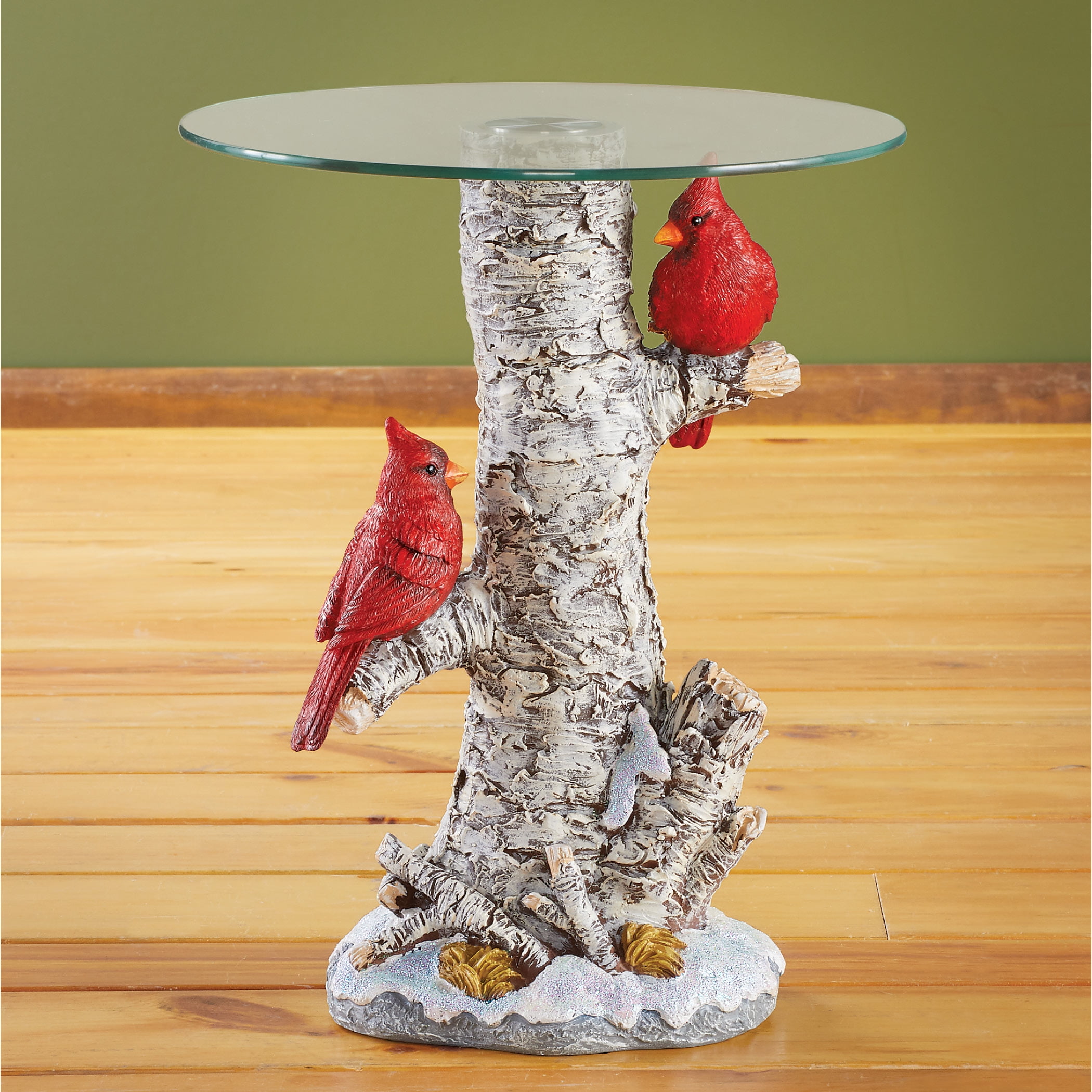 Cardinals on Birch Tree Base Decorative Side Table with Glass Top