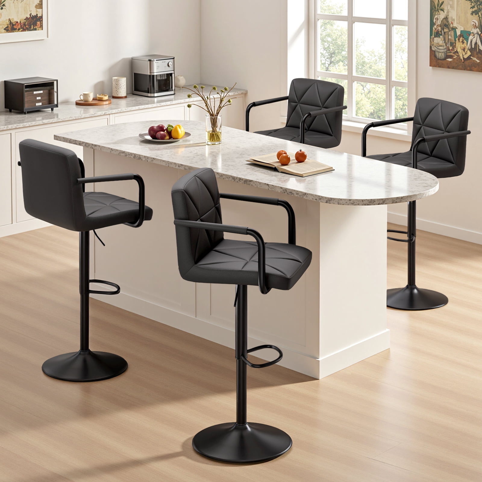 Daluvenix Bar Stools Set of 2， PU Leather Adjustable Swivel Barstools，Hydraulic Counter Height Bar Chairs with Armrest Back for Kitchen Island，Black