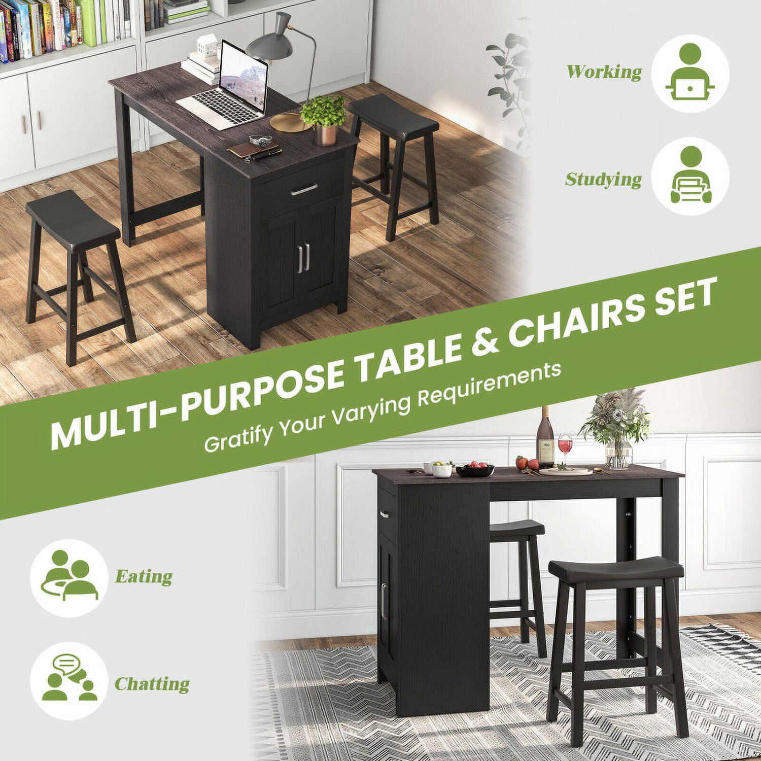 Finihen Dining Set, Dining Table Set, 3-Piece Bar Table Set for 2 with 2 Saddle Stools for Dining Room, for Home, Restaurant, Black Finihen Dining Set, Dining Table Set, 3-Piece Bar Table Set for 2 with 2 Saddle Stools for Dining Room, for Home, Restaurant, Black