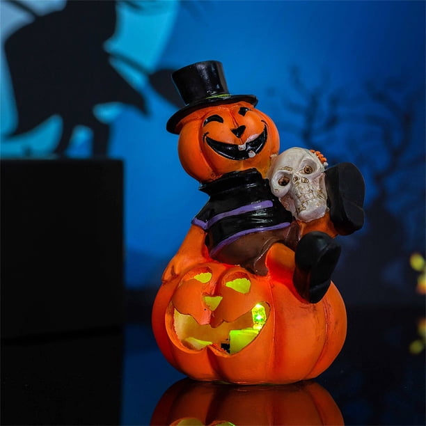 Decoración de Esqueleto Brillante para Halloween | Linterna de Calabaza Intermitente de Colores | Accesorios de Resina para Fiestas de Halloween | Luces de Calavera y Calabaza Espeluznantes | Decorac