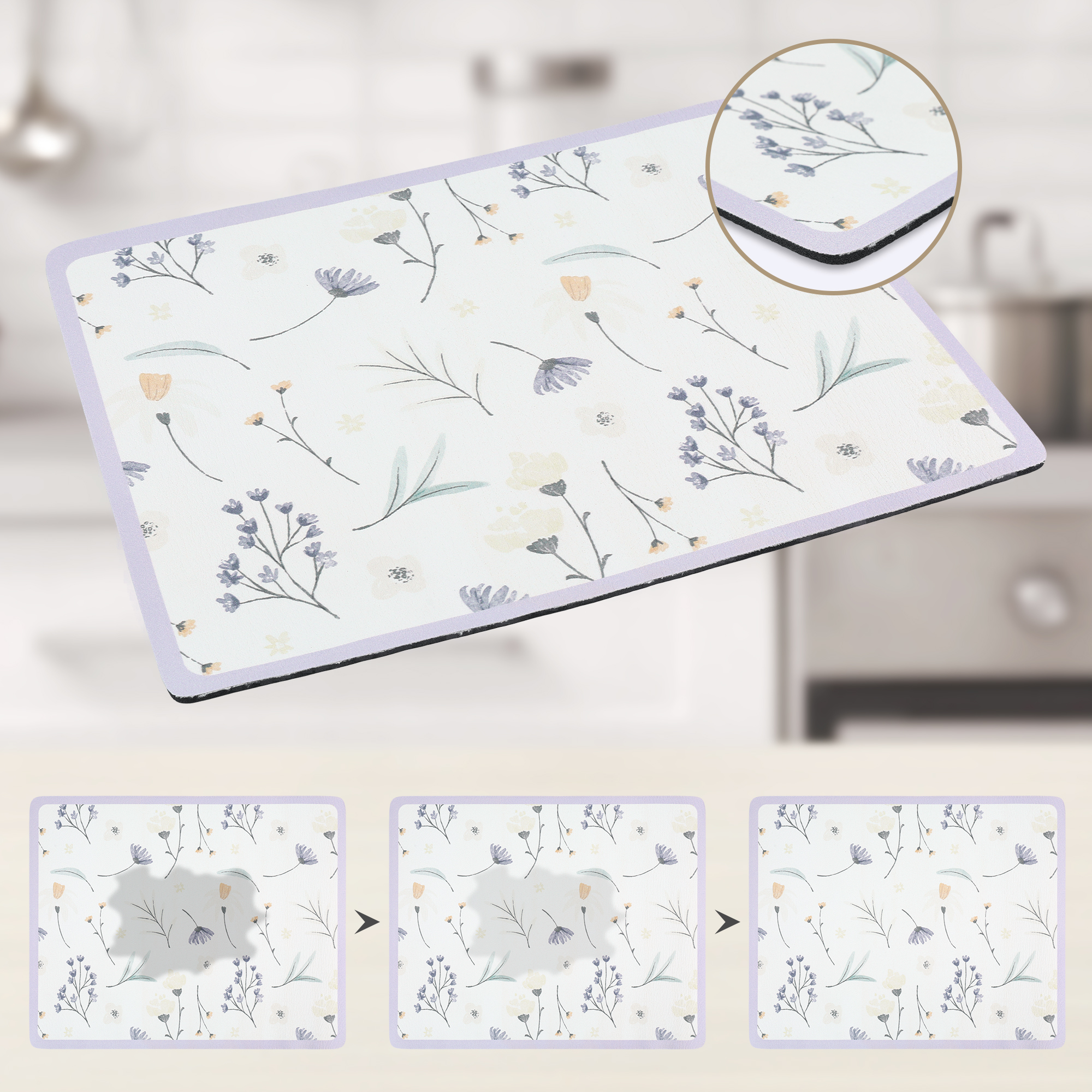 Unique Bargains Floral Quick Dry Dish Drying Mats for Kitchen Purple 19.7*15.7 inch