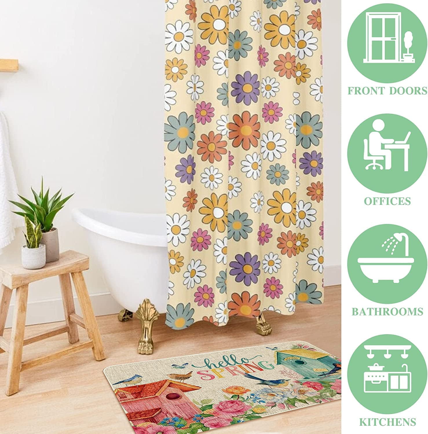Hello Spring Decor Door Mat Flower Farmhouse Welcome Mats Outdoor Colorful Flowers Doormat Non Slip Rubber Floral Decorative Front Door Mats Indoor Rug 17" x 30"