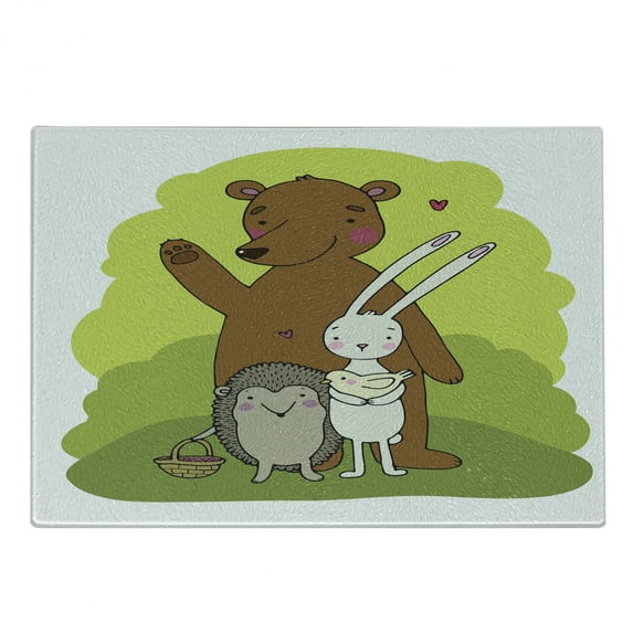 Forest Friends Cutting Board, Simplistic Doodle of Bear Hedgehog Bunny and Bird with Tiny Heart, Decorative Tempered Glass Cutting and Serving Board, in 3 Sizes, by Ambesonne
