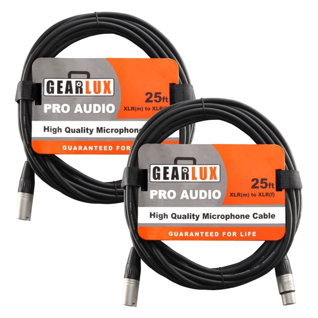 Gearlux Cable de micrófono XLR profesional, totalmente equilibrado, macho a hembra, 25 pies, paquete de 2