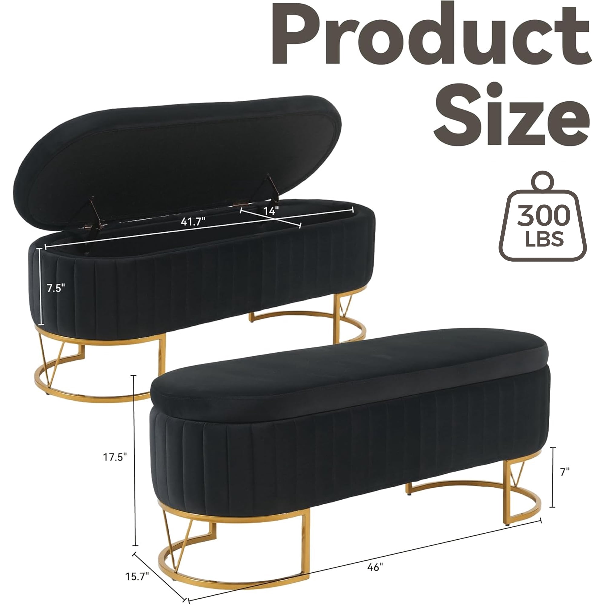 Storage Bench Bedroom Bench, Velvet Oval Upholstered End of Bed Bench with Golden Metal Legs, Modern Storage Ottoman Bench for Bedroom, Living Room, Entryway,Window,Black