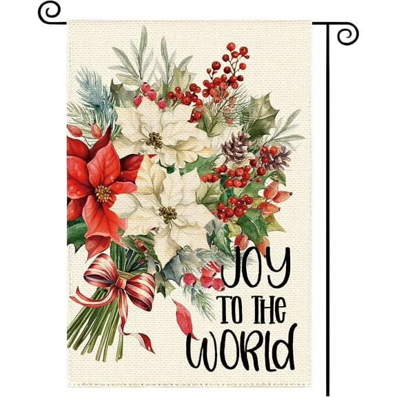 Christmas Poinsettia Garden Flag Joy to the World 12.5x18 Double Sided for Burlap Christmas Flowers Small Yard Flag Holiday Seasonal Outdoor Outside Decorations