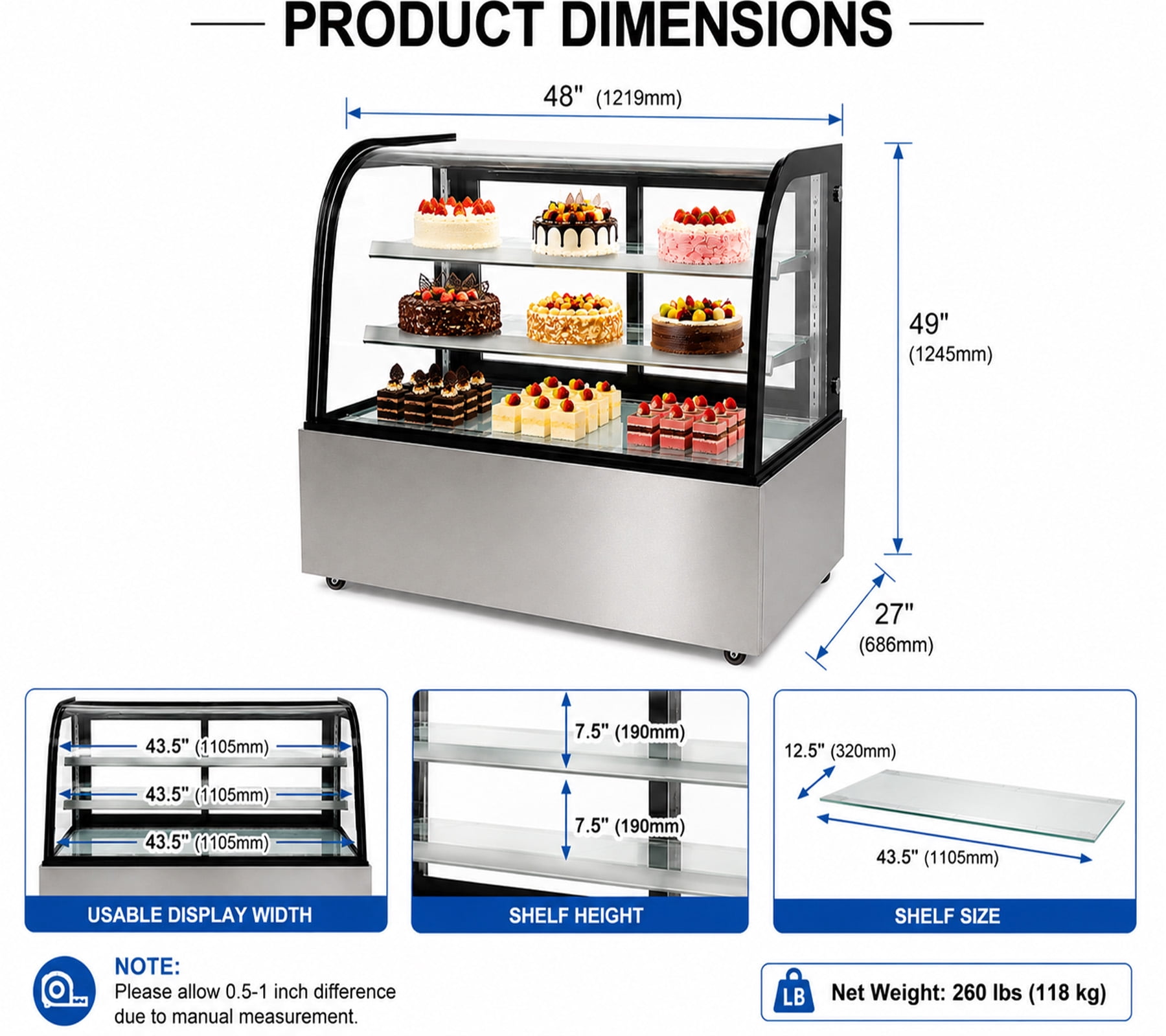 48" Commercial Refrigerated Bakery Display Case, Curved Glass Cake Showcase Refrigerator, LED Lighting, NSF Certified
