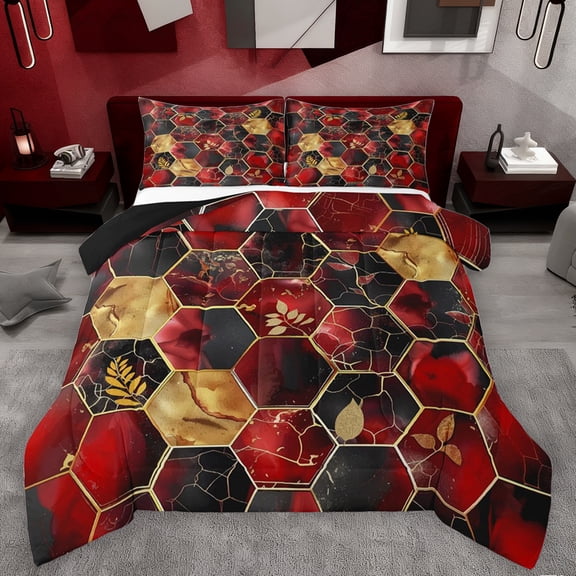 Feelyou Chic Fashion Honeycomb Full Size Comforter Sets, Black Red Abstract Ombre Bedding Comforter Set, Leaf Plant Botanical Reversible Bedding Sets, Lightweight Room Decor, 3-Piece