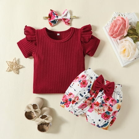 

Wiueurtly Toddlers Girl Clothes Ribbed Romper Floral Shorts Headband 3Pcs Outfits Set Long Sleeve Baby Clothes Girl