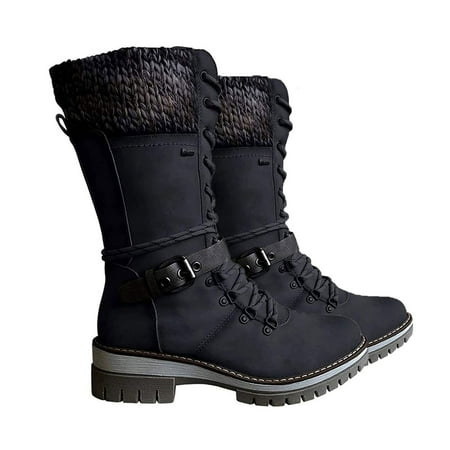 

Facaimo Women Mid Height Leather Boots Warm Winter Boots with Side Zipper