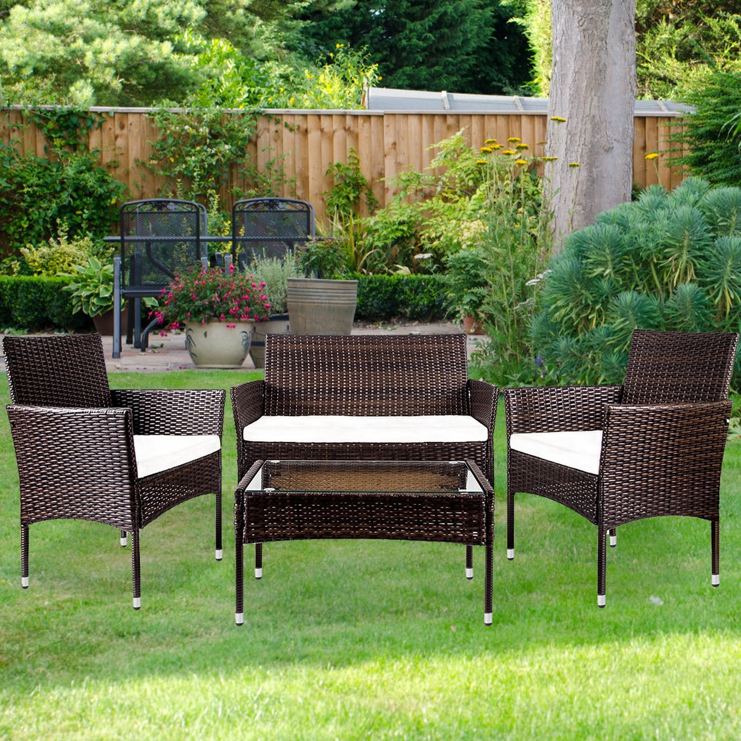 Outdoor Patio Furniture Sets, 4-Piece Brown Wicker Patio Bar Set, 2pcs