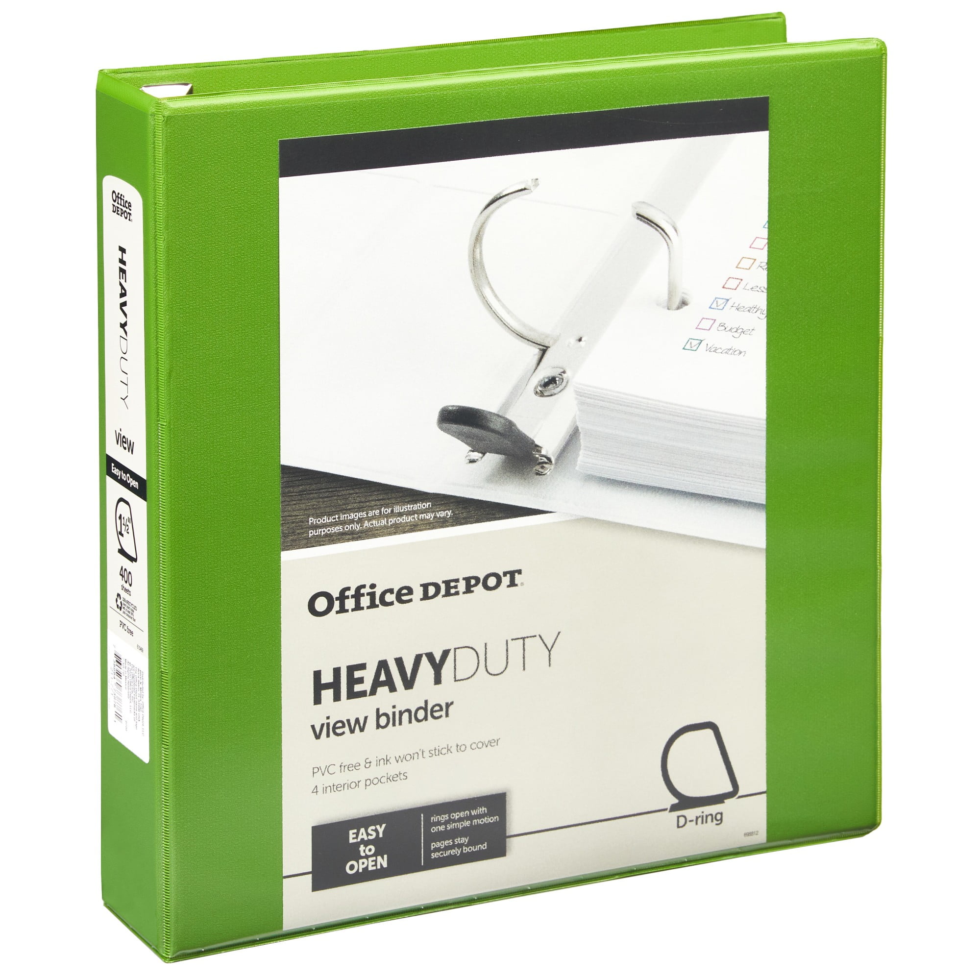 Office Depot® Brand Heavy-Duty D-Ring View Binder, 1 1/2' Rings, 54% Recycled, Army Green