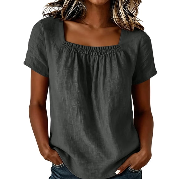 CHUMUD Womens Summer Tops Square Neck Short Sleeve Gathered Blouse, Casual Loose Fit Top