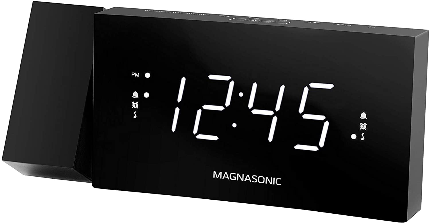 Magnasonic Alarm Clock Radio with USB Charging for Smartphones & Tablets 180 Degree Time Projection Dual Alarms and Sleep Timer Snooze Function 1.2 Curved LED Display with Dimmer CR20 
