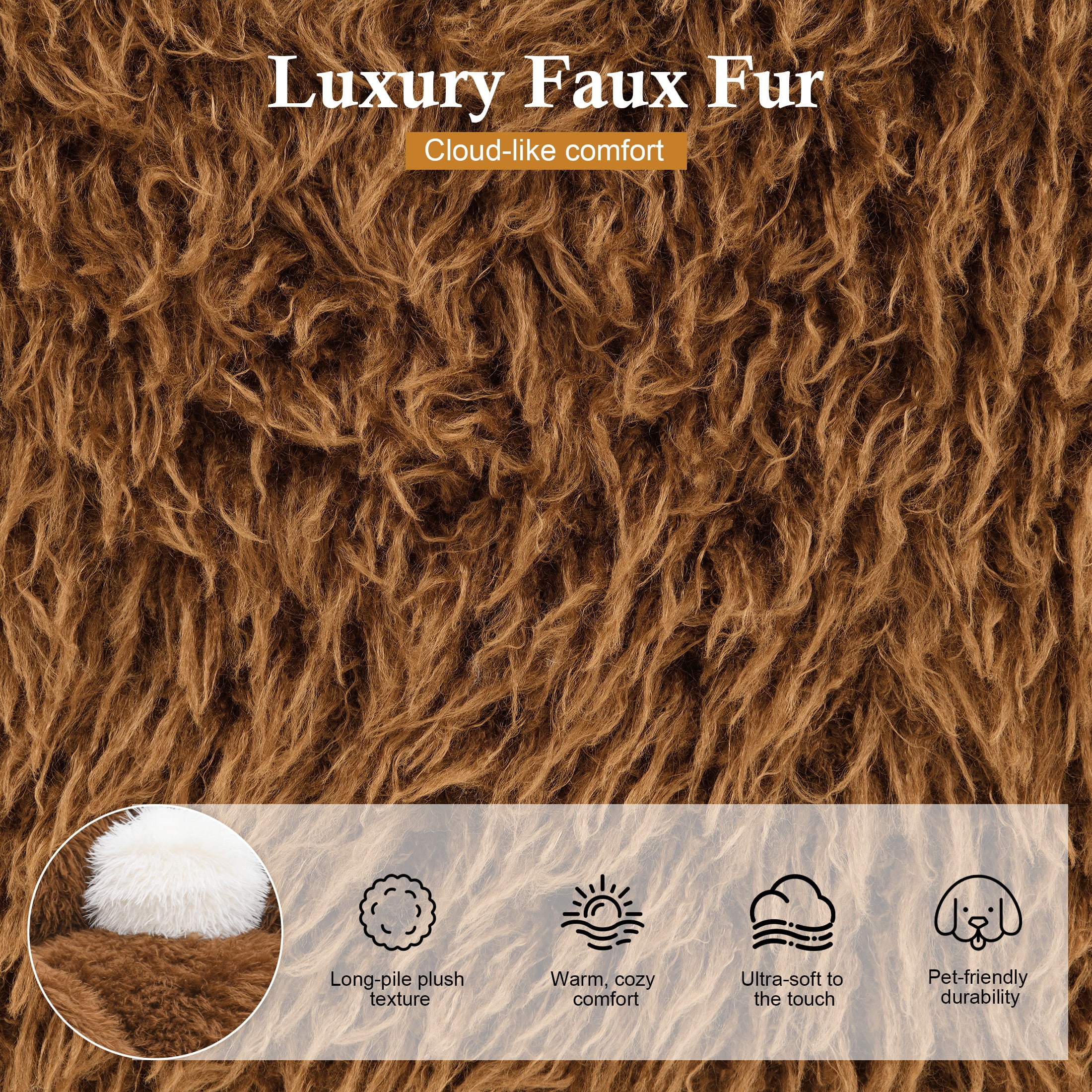 Aukfa Oversized 360° Swivel Sofa Chiar, 43.3" Plush Faux Fur Accent Chair with Ball Pillows, Brown