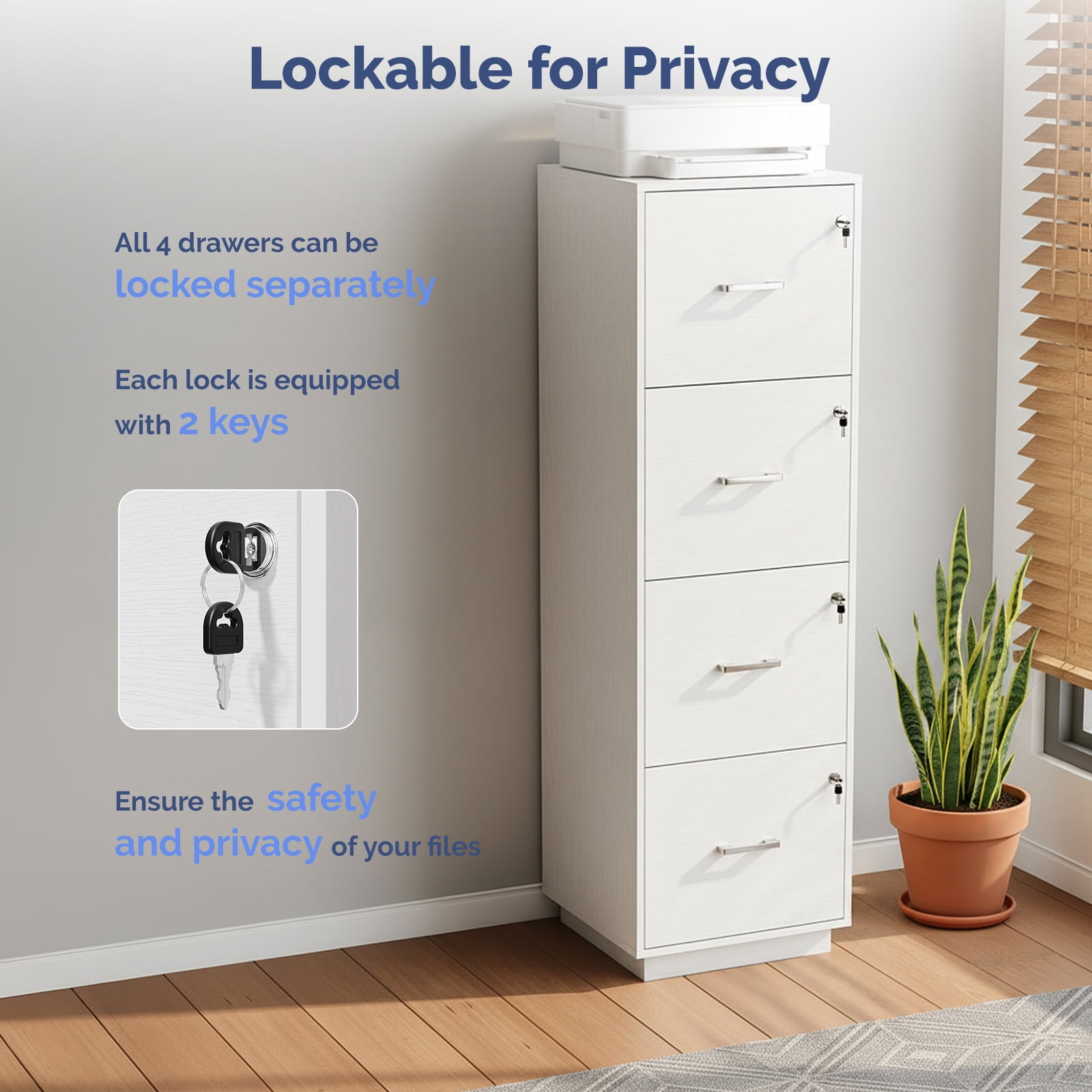 Ktaxon Wood 4-Drawer Lateral File Cabinet with Lock for Home Office, Lockable Filing Cabinet, Easy to Assemble, White