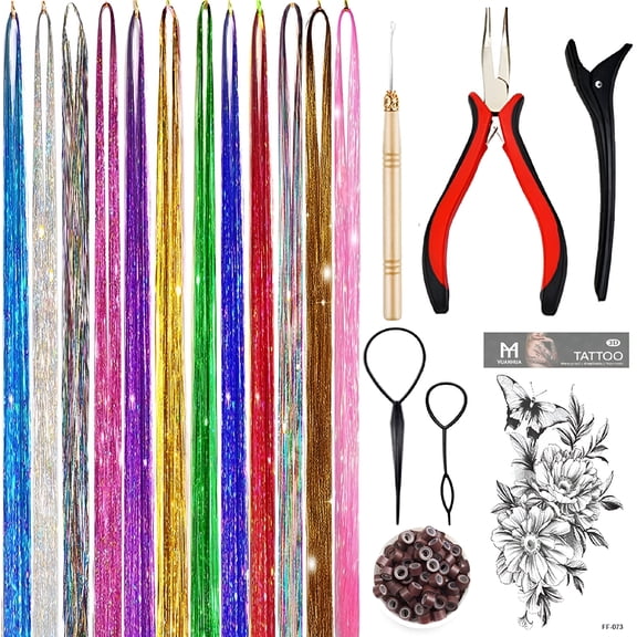 TUWAFE Hair Tinsel, Hair Tinsel Kit with Tool 12 Colors Heat Resistant Hair Wire Hair Tinsel Kit for Girls (48 Inch)