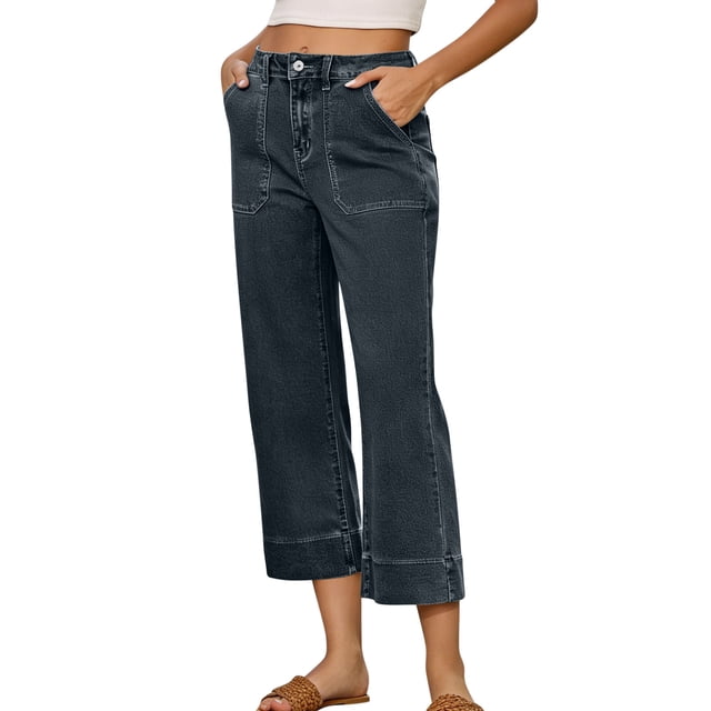 Vaqueros de Mujer Pata Recta Color Sólido Suelto Casual Bolsillo Cortado Vaqueros, Cintura Alta de Verano