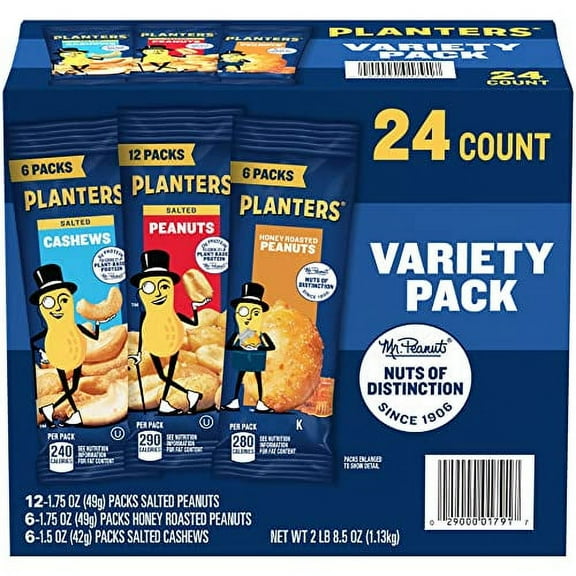 PLANTERS Peanuts & Cashews Variety Pack, 40.5 oz, Includes 6 packages Honey Roasted Peanuts (1.75 oz each), 12 packages Salted Peanuts (1.75 oz each), and 6 packages Salted Cashews (1.5 oz each)