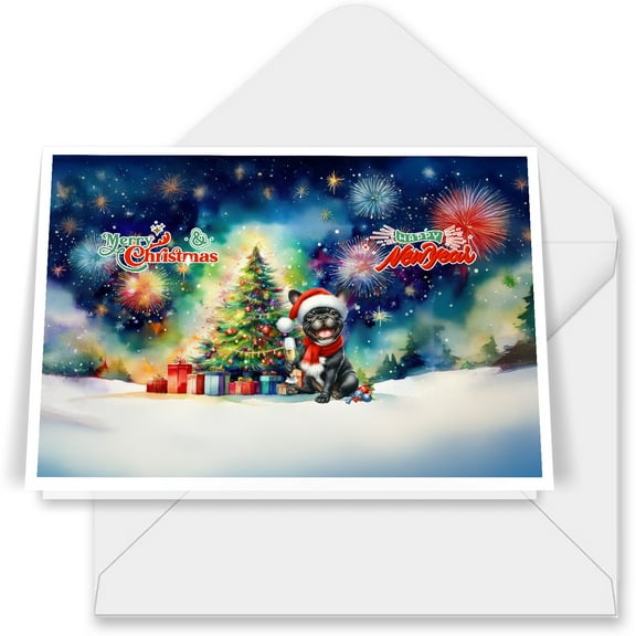 Merry Christmas and Happy New Year Santa French Bulldog Holiday Xmas Winter 2025 7x5in Folded Greeting Card Dog Lover Gifts Single Note Card with Envelope - 00024