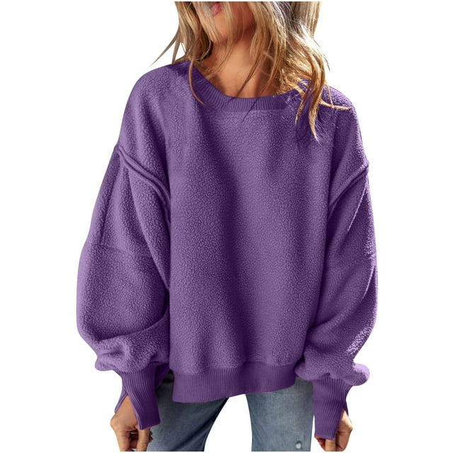 Timegard Chandails en Molleton à Col Rond pour Femmes Automne Hiver Décontracté Confortable Couleur Unie Manches Longues Tops Chandail
