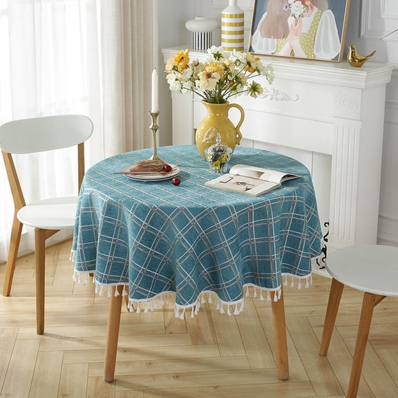 Round Tablecloth Cotton Linen Embroidery Lattice Tablecloth With Tassel,Shrink Proof Table Cover