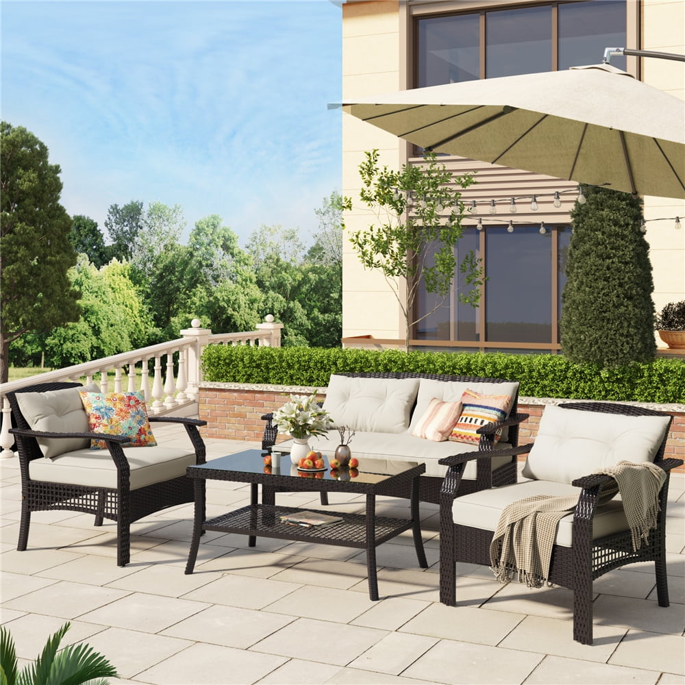4-Piece Patio Furniture Set Table Chairs Sofa Outdoor Seating Conversation Sets 