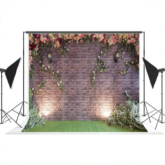 EREHome Polyester Fabric Photography Backdrops 7x5ft Brick Wall Photo Background Pink Flowers Green Ground Background Studio Props for Children Photography
