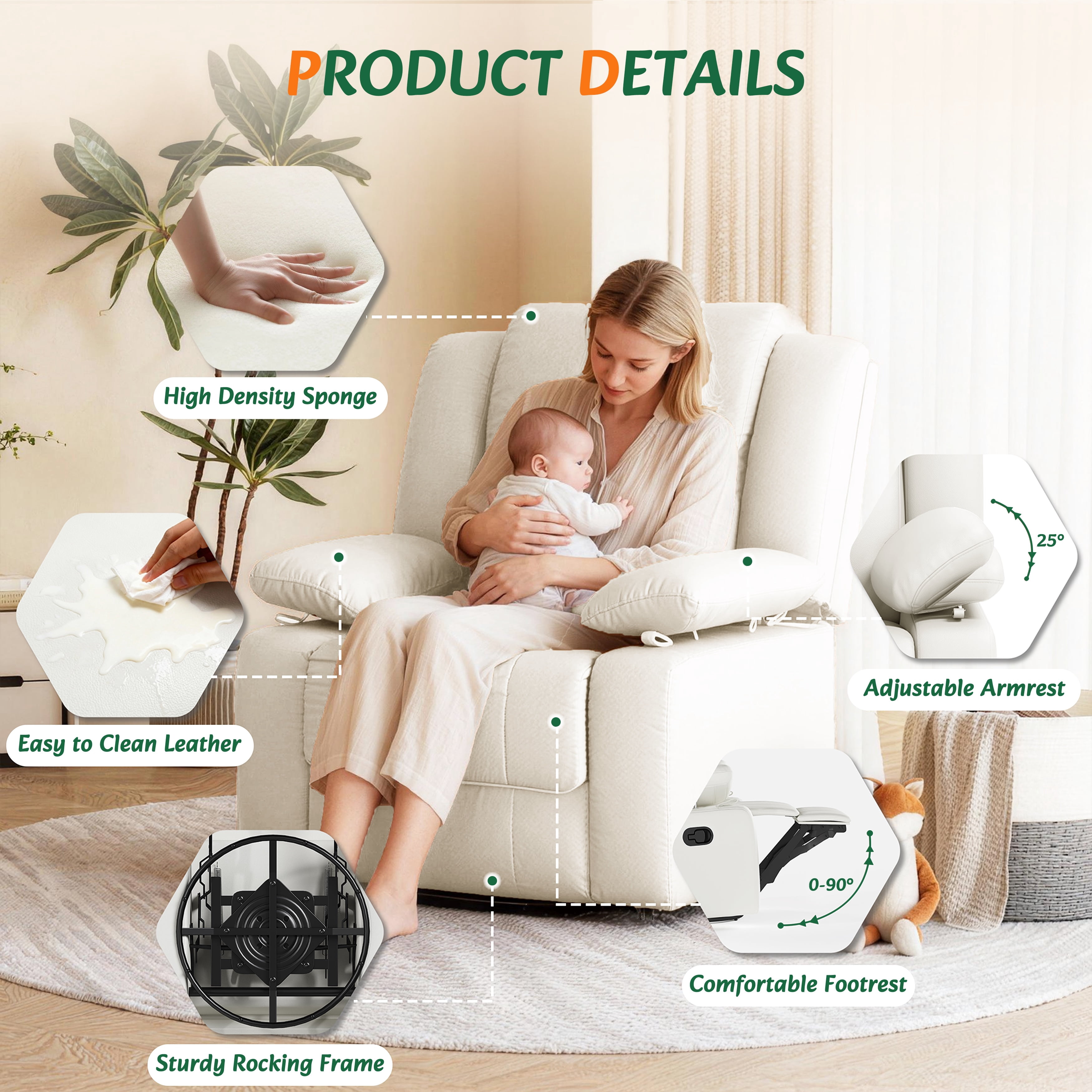 LAZZO Recliner Chair with Adjustable Armrest and Headrest, Upholstered Swivel Rocking Chair for Nursery & Living Room, Beige