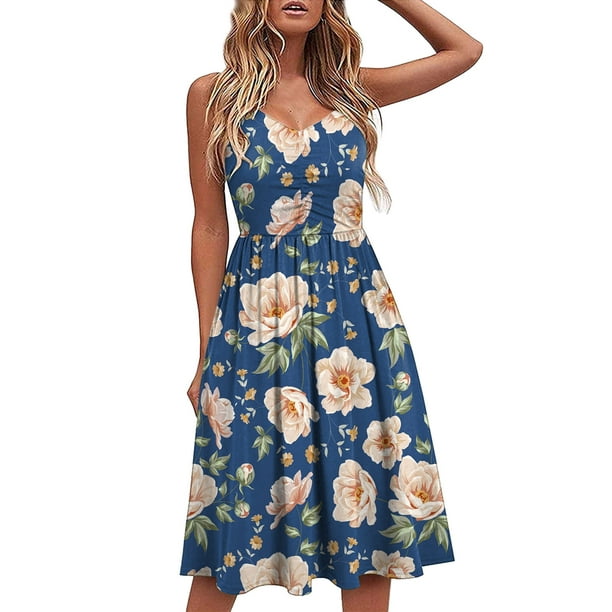 Fesfesfes Summer Dresses for Women Casual Printing V-Neck Sleeveless Pocket  Knee-length Dress