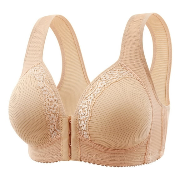 HEVIRGO 2PCS Women Bra Elastic Elastic Strap Front Closure Solid Color Lace Shockproof Push-up Anti-snagging Wireless Yoga Daily Bra,Apricot,42C