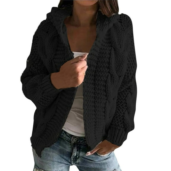 dGslk Women's Autmn And Winter Hooded Jacket Solid Color Knitted Cardigan Sweater Black L