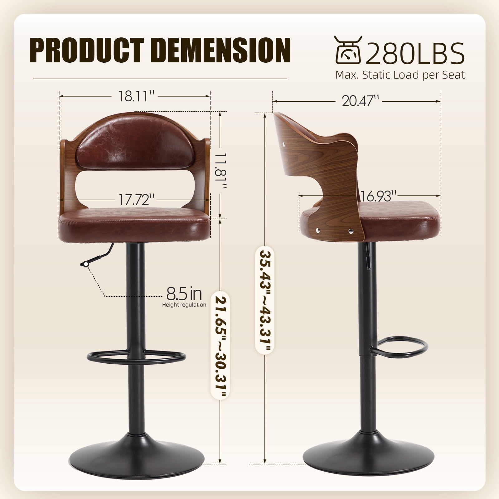 Homefun Swivel Bar Stools Set of 2,Wooden Upholstered Scratch-Resistant Fabric with Back,Chairs for Kitchen Island,Brown