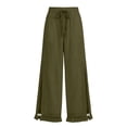 thumbnail image 4 of WULMLEO Womens Wide Leg Linen Pants Summer Boho Flowy Elastic Waist Trousers Baggy Side Slit Fringed Hem Bottoms with Pockets Army Green L, 4 of 5