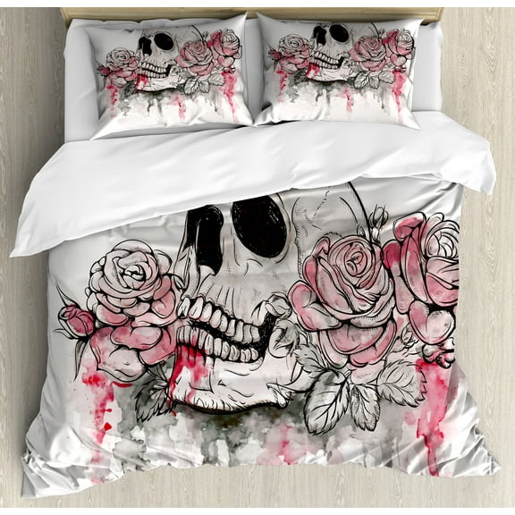 Ambesonne Romantic Duvet Cover Set, Skull Head Roses, Queen, White Pale Pink Black
