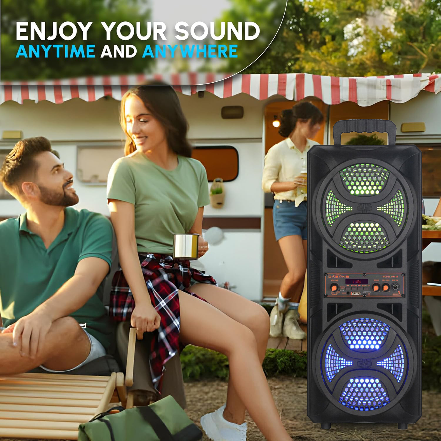 RIDWIND 3000W Peak Power Wireless TWS Portable Loud Party Bluetooth Speaker with Dual 6.5" Woofer LED Colorful Lights Microphone Remote Control Support FM/TF/USB/AUX