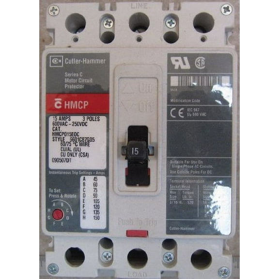Eaton Cutler Hammer HMCP015E0C 3 Pole 15 Amp 600v Motor Circuit Protector Breaker HMCP