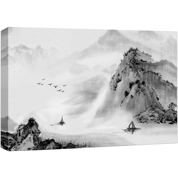 wall26 Canvas Print Wall Art Chinese Ink Style Mountain, River and Boat Nature Wilderness Illustrations Modern Rustic Scenic Multicolor Colorful for Living Room, Bedroom, Office - 16"x24"