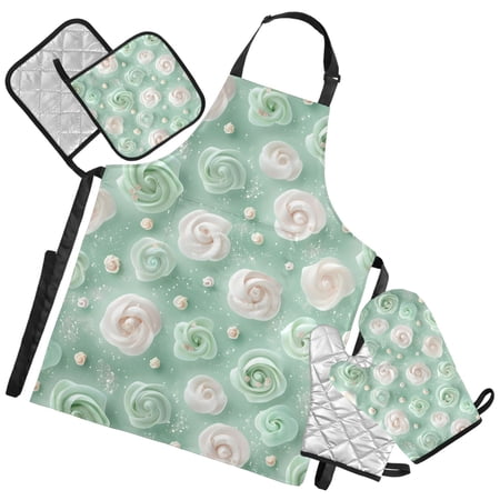 Ryvnso Roses Candy Flowers Kitchen Apron Oven Mitts Set Pot Holders
