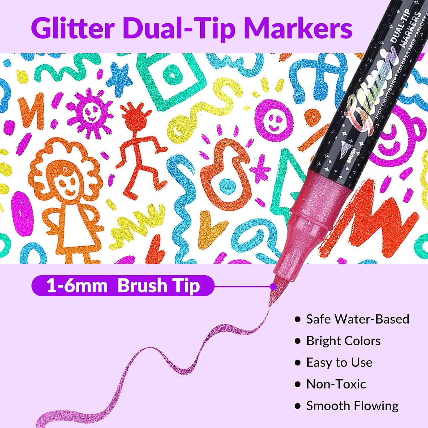 Glitter Effect Brush Marker Set, Dual Tip Pens with Metallic Sparkle for Drawing, Card Making, DIY Crafts & Adult Coloring Books