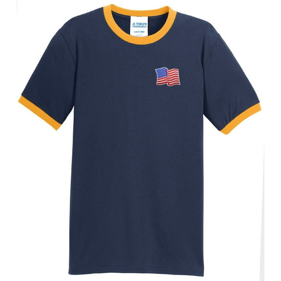 Mens Patriotic Waving American Flag Patch 100% Cotton Ringer Tee Shirt, XL Navy/Gold
