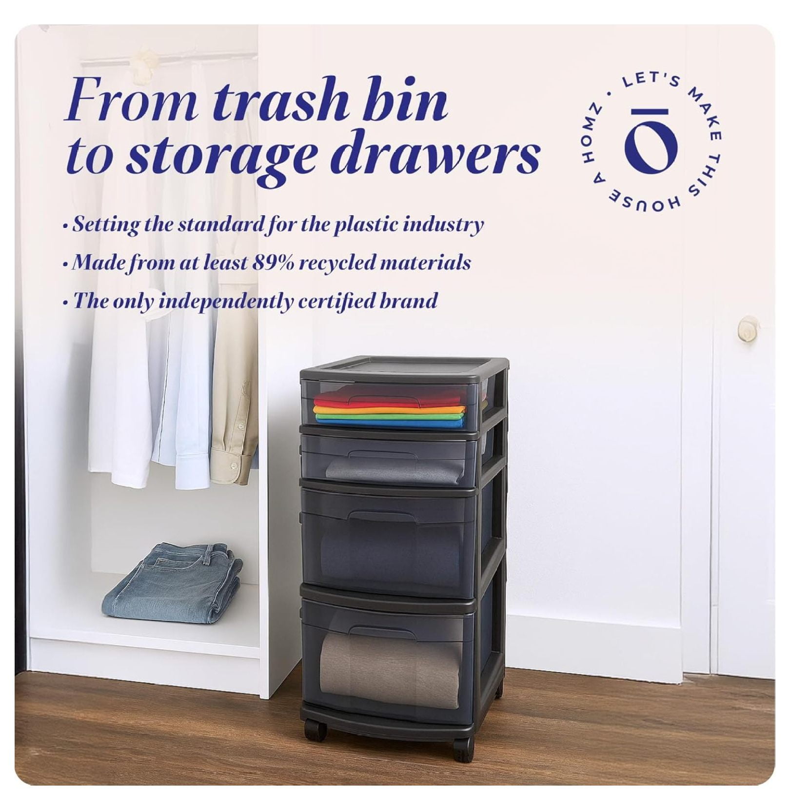 Drawer Tower, 4 Tier Plastic Storage Cart with Wheels - Black Organizer for Bathroom, Bedroom, Office - Rolling Drawer Unit for Clothes, Toys, Supplies