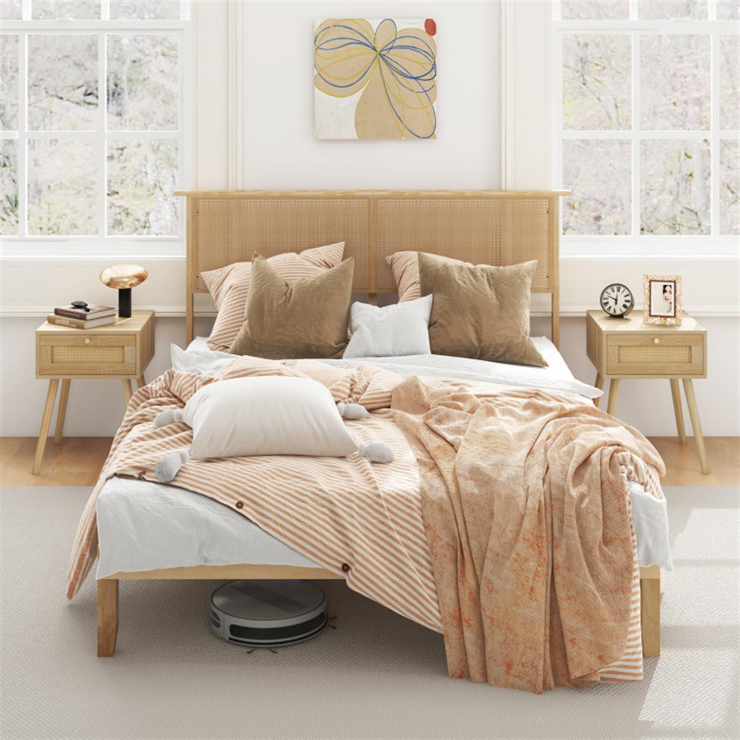 Demi Bonn Queen Size Bed Frame with Rattan Headboard, Platform Bed Frame with 12 Strong Wood Slat Support, No Box Spring Needed, Beige