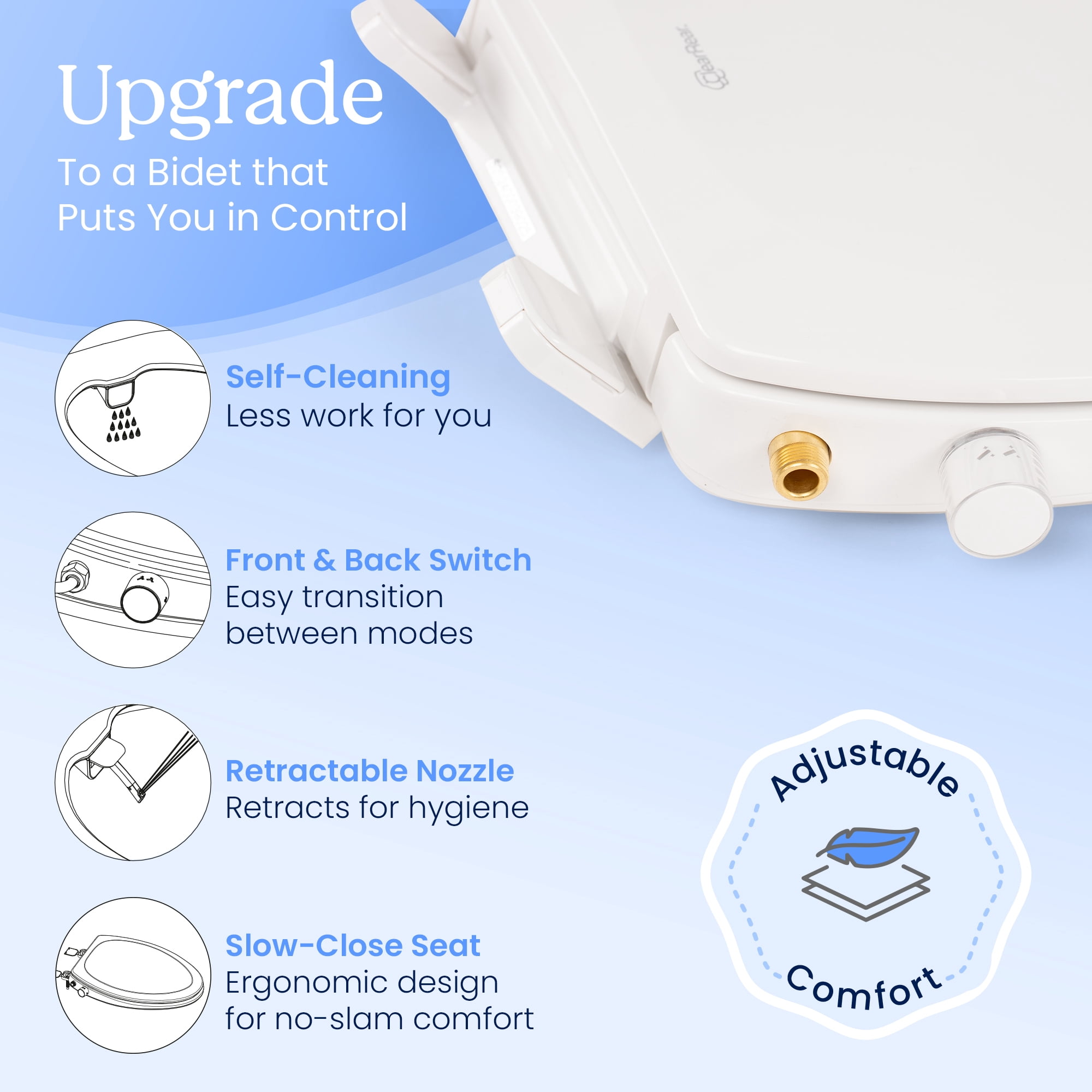 The Clear Rear Elongated Bidet Seat, Adjustable Spray with Rear and Feminine Nozzles