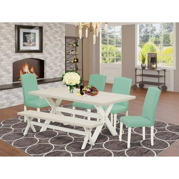 East West Furniture 6-Piece -Pond Linen Fabric Seat and Button Tufted Chair Back Parson chairs, A Rectangular Bench and Rectangular Top Wood Dining Table with Wooden Legs - Linen white and Linen...