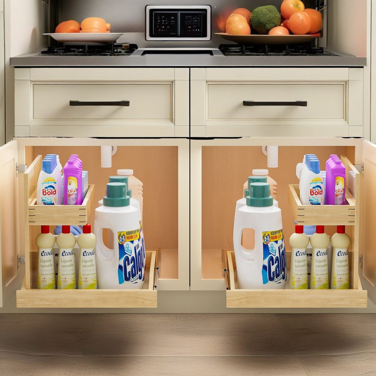 2 Tier Soft Close Pull Out Under Sink Organizer 22½ W x 21 D Adjustable with U Bracket for Bathroom Kitchen Right Christmas Gift