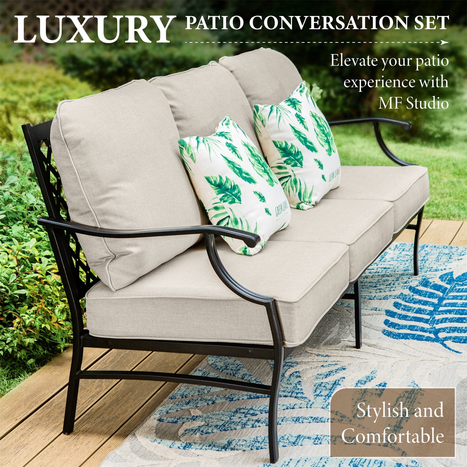 MF Studio 9-Seater Patio Conversation Set Metal Outdoor Furniture with Swivel Chair Sofa Beige