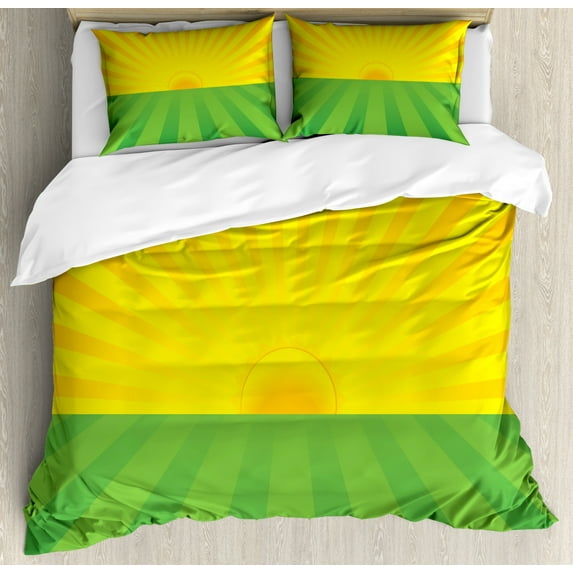 Sunburst Duvet Cover Set Queen Size, Summer Time Sunrise Illustration Simplistic Design Outdoor Scene, Decorative 3 Piece Bedding Set with 2 Pillow Shams, Green Yellow and Orange, by Ambesonne