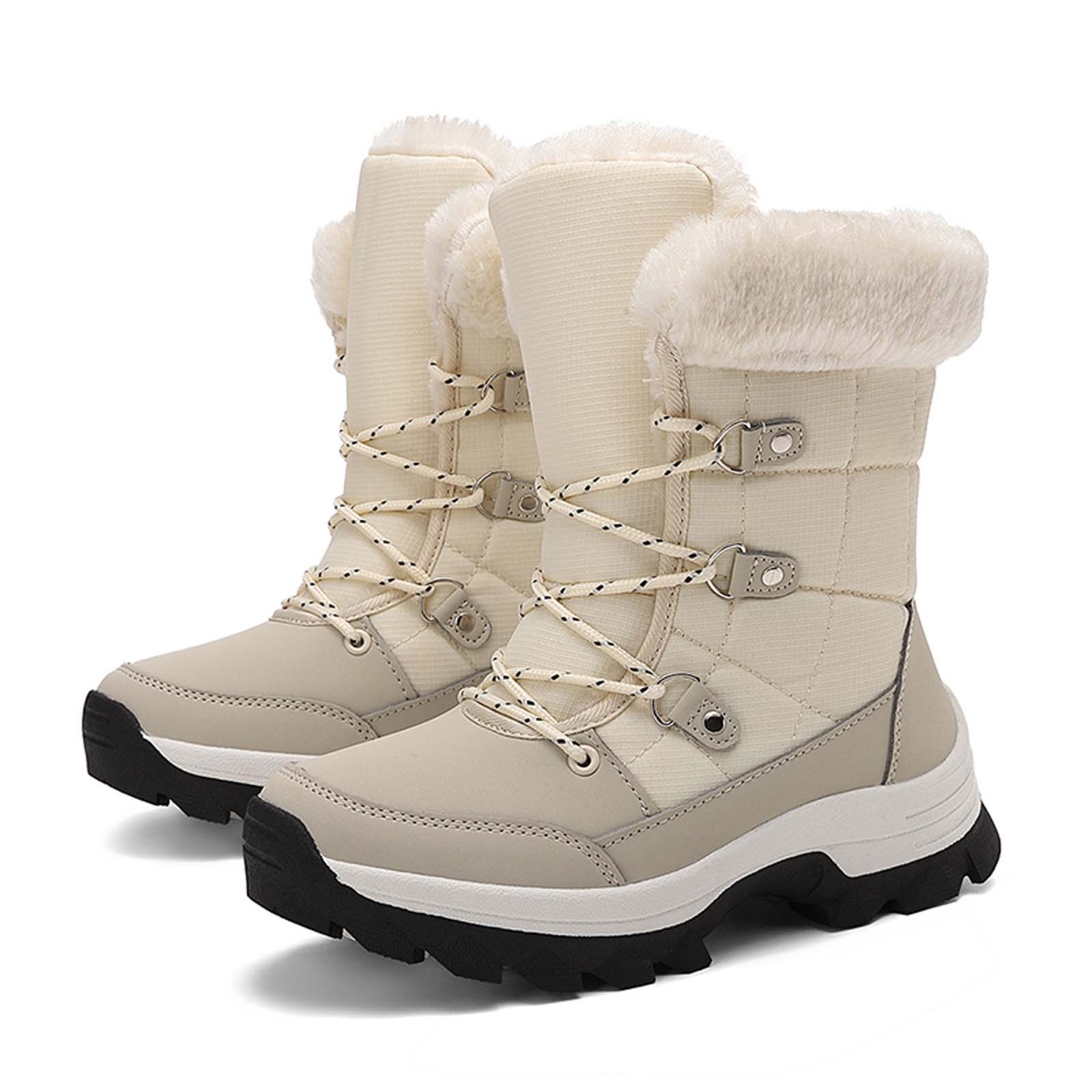 Gyexs Womens Winter Snow Boots Waterproof Shoes Walking Comfortable Hiking Tennis Booties Furry Mid Calf Warm Lightweight Sports Shoes, Beige, Size 6.5